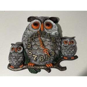 VTG Handmade Ceramic 3 Owl Family On Branch‎ Wall Clock Retro 1975 Boho Works!